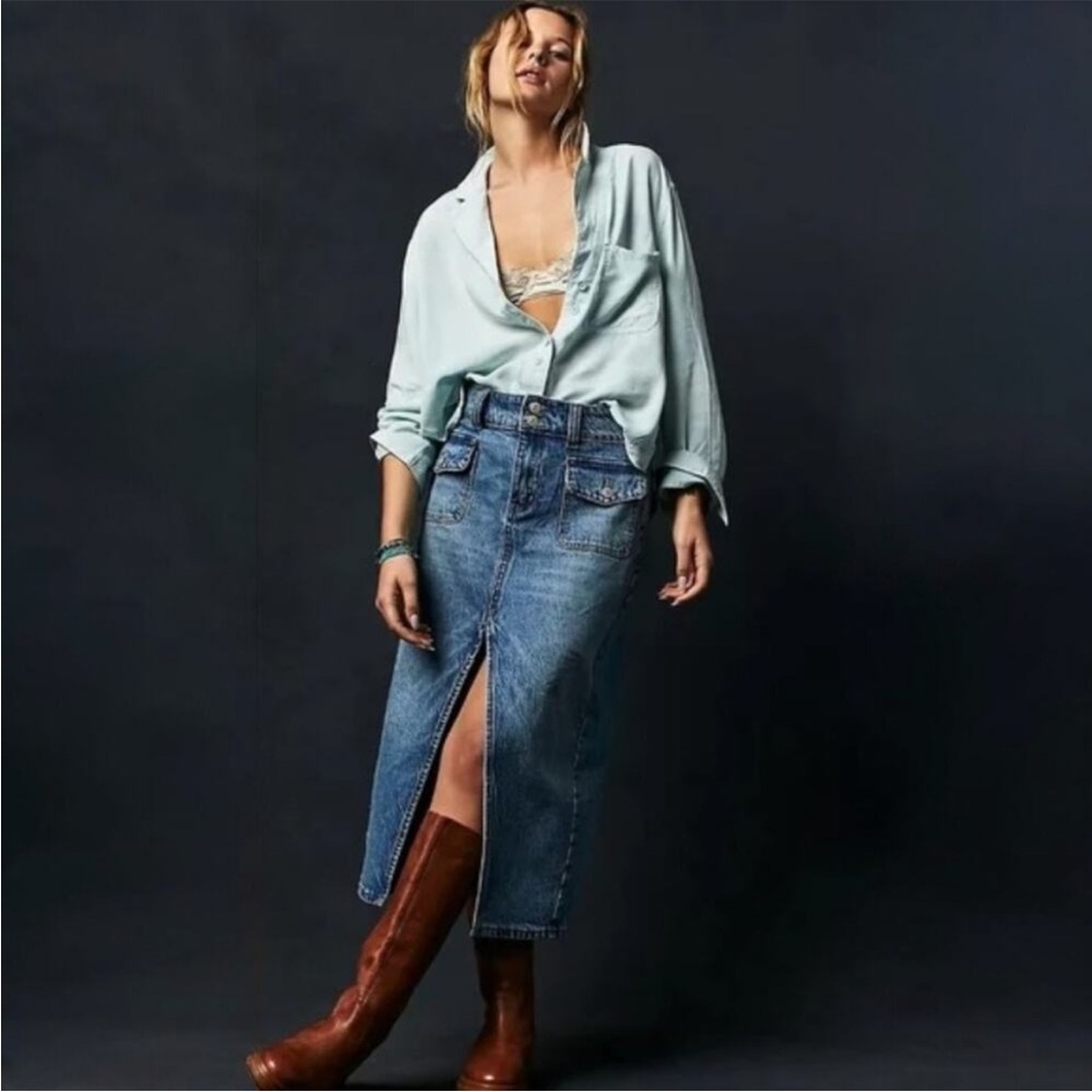 Free People We The Free Madison Denim Midi Skirt Womens 27 Blue High Slit